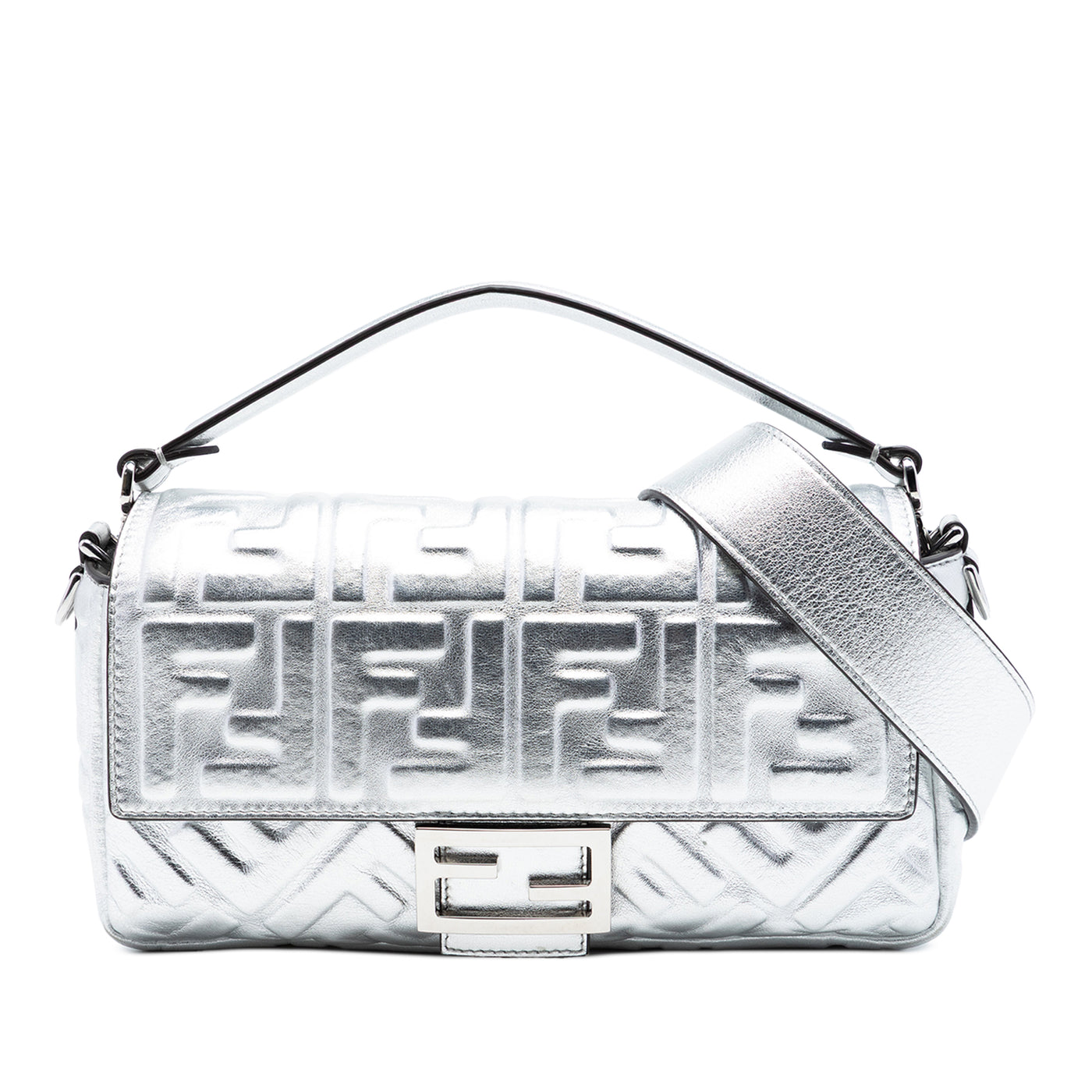 Medium Metallic Leather Embossed FF Baguette Satchel - Image 1