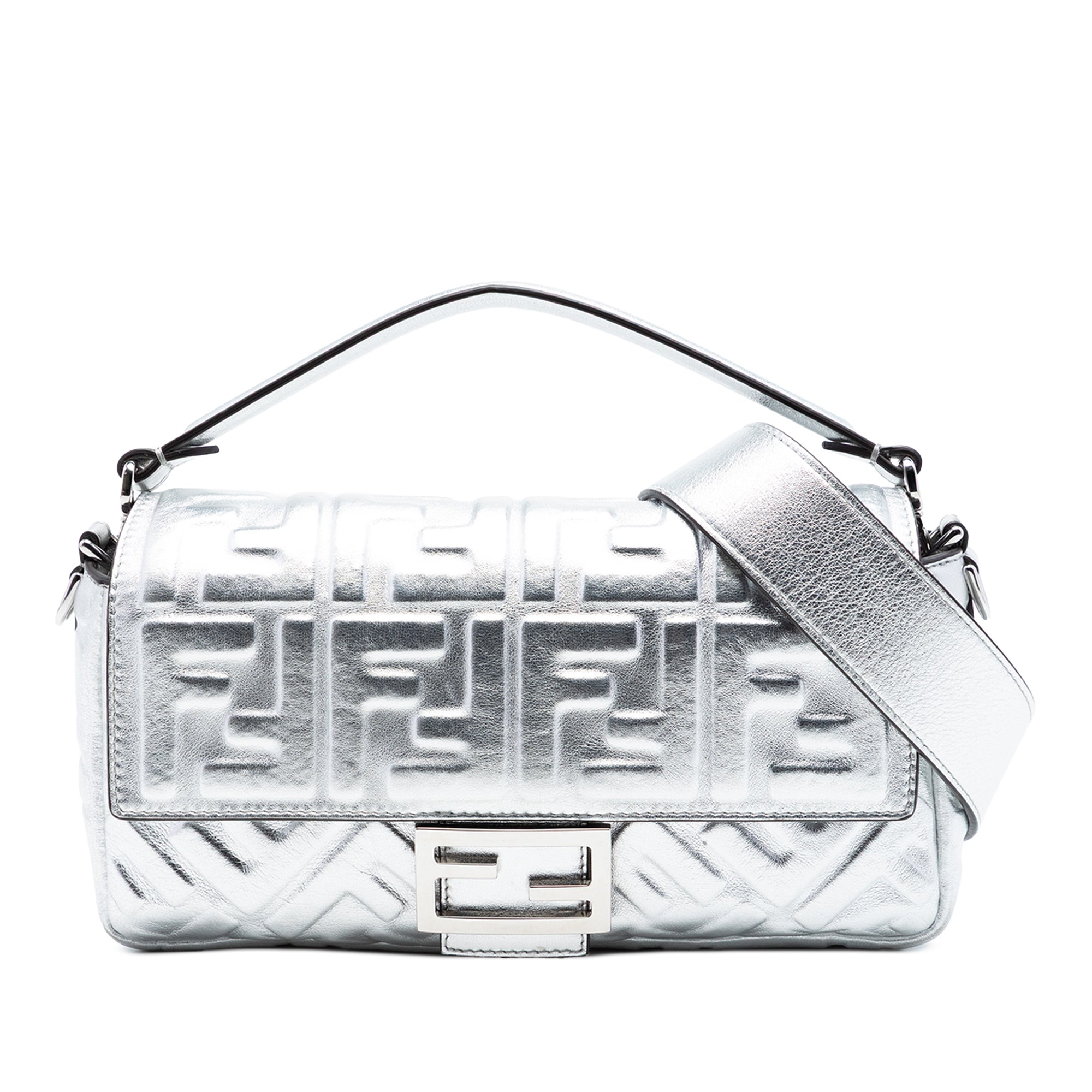 Medium Metallic Leather Embossed FF Baguette Satchel - Image 1