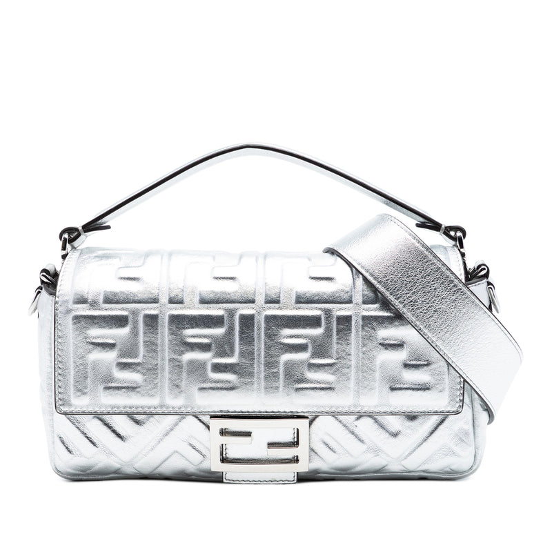 Medium Metallic Leather Embossed FF Baguette Satchel