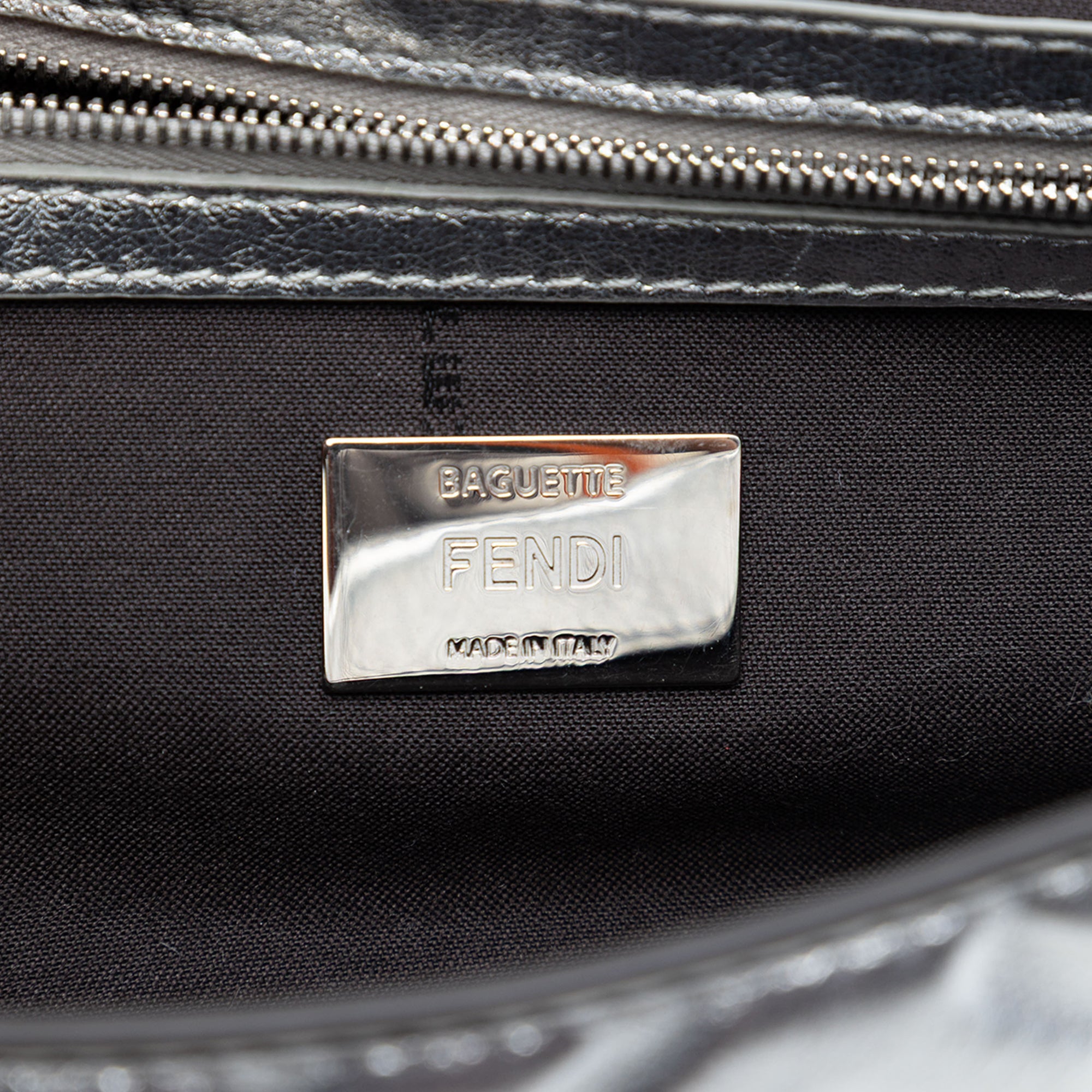 Medium Metallic Leather Embossed FF Baguette Satchel - Image 5