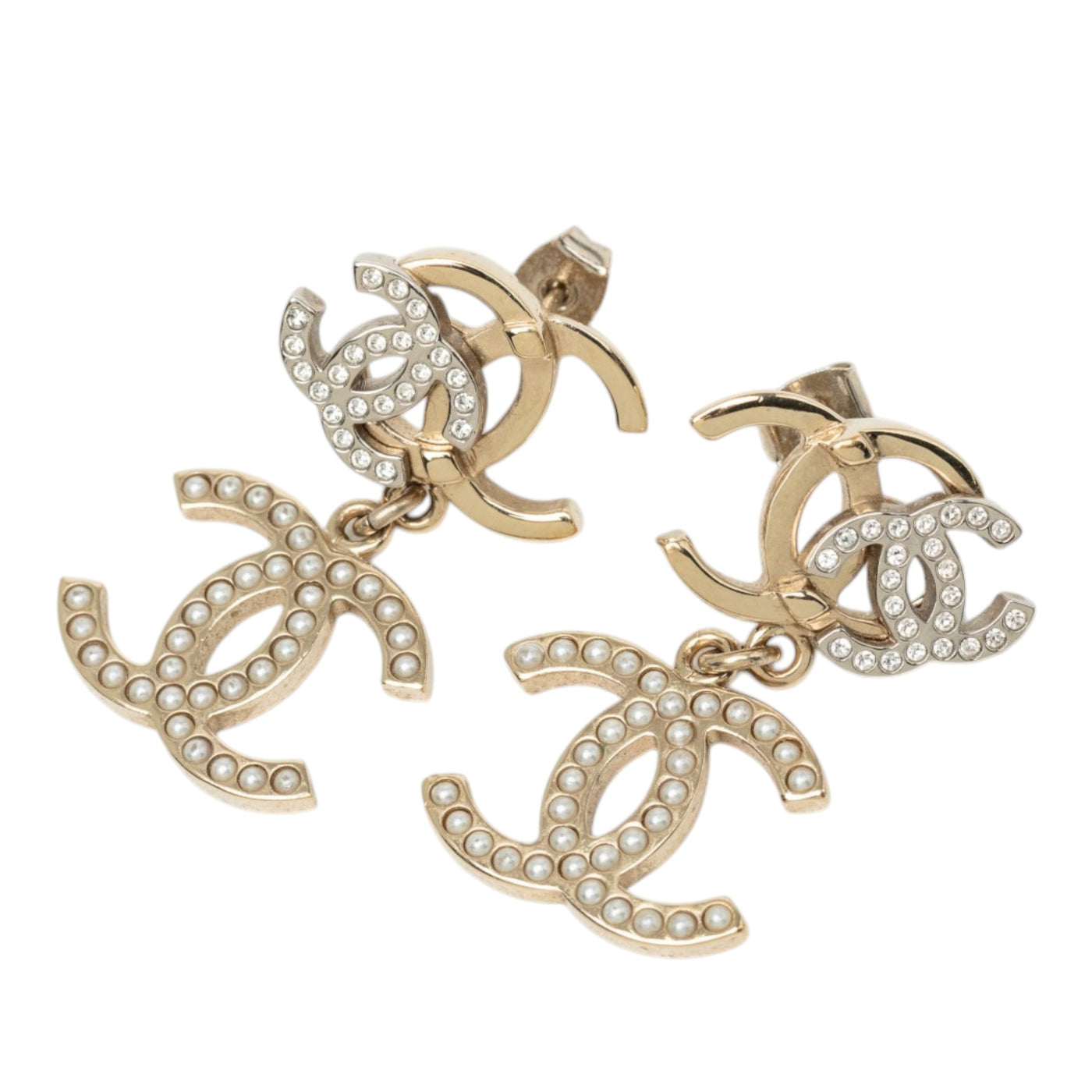 Gold Plated Strass and Faux Pearl Double CC Drop Push Back Earrings - Image 1