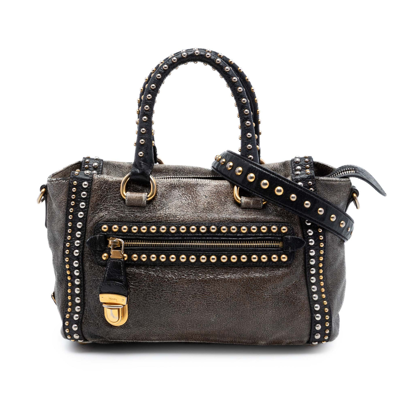 Craquele Leather Studded Satchel - Image 1