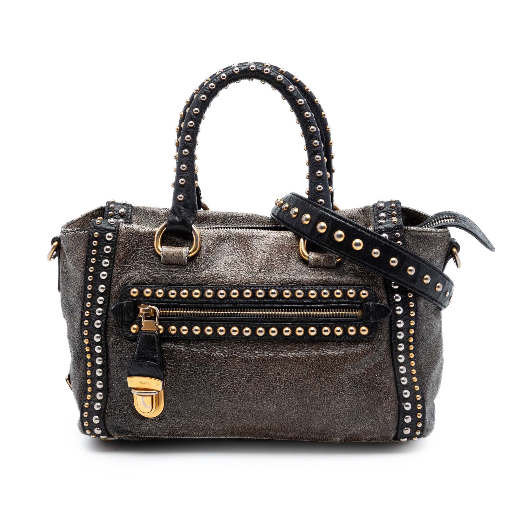 Craquele Leather Studded Satchel - Image 1