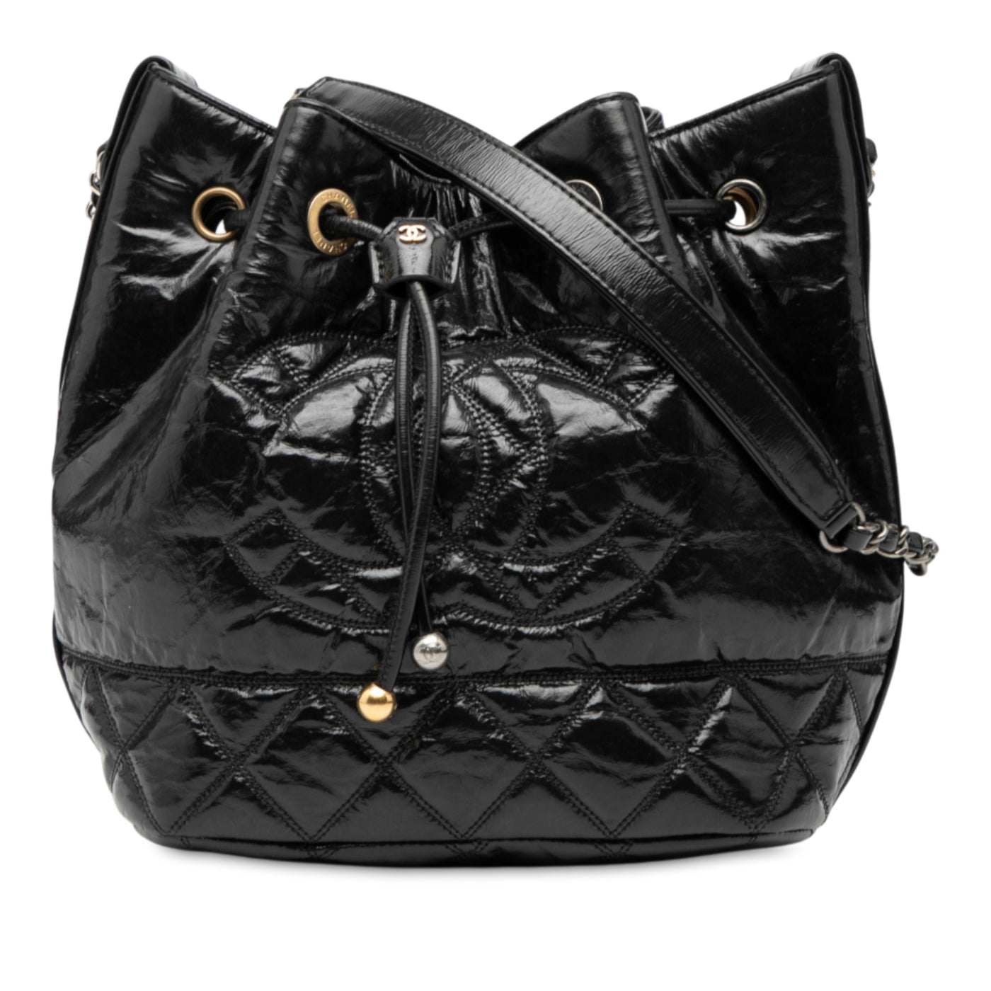 Shiny Aged Calfskin CC Chain Drawstring Bucket Bag - Image 1