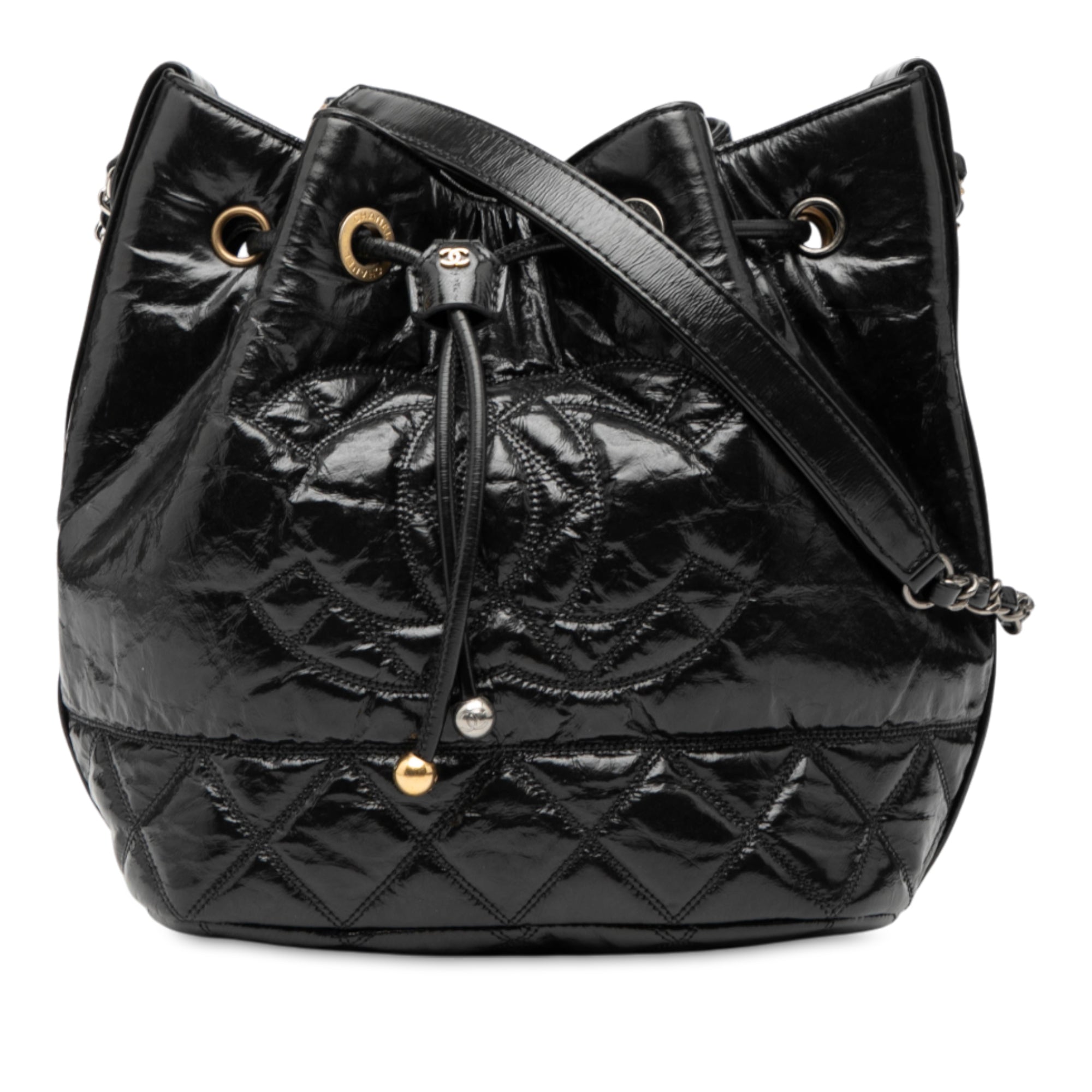 Shiny Aged Calfskin CC Chain Drawstring Bucket Bag - Image 1