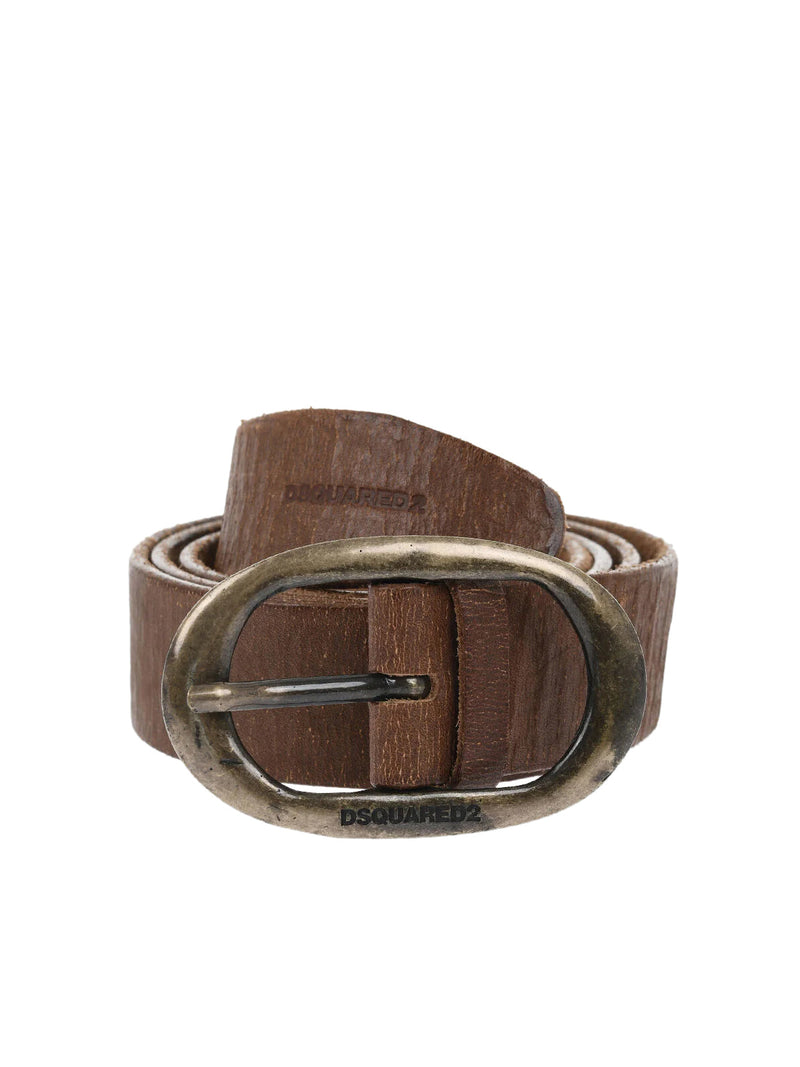 Dsquared2 Craquele Leather Logo Buckle Belt — Brown
