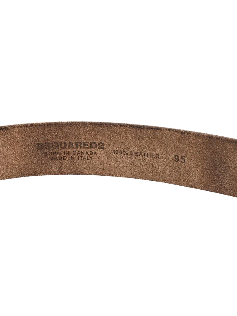 Dsquared2 Craquele Leather Logo Buckle Belt — Brown
