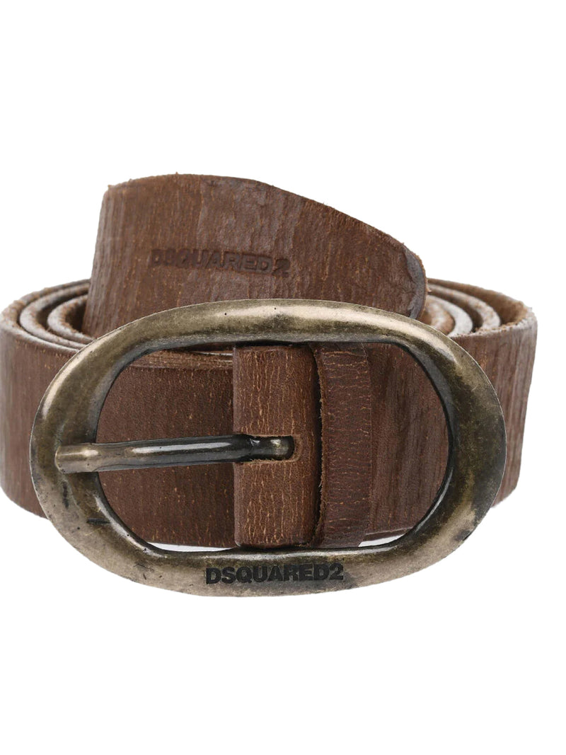 Dsquared2 Craquele Leather Logo Buckle Belt — Brown