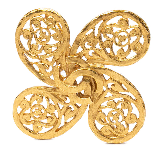 Gold Plated CC Fretwork Clover Brooch - Image 1