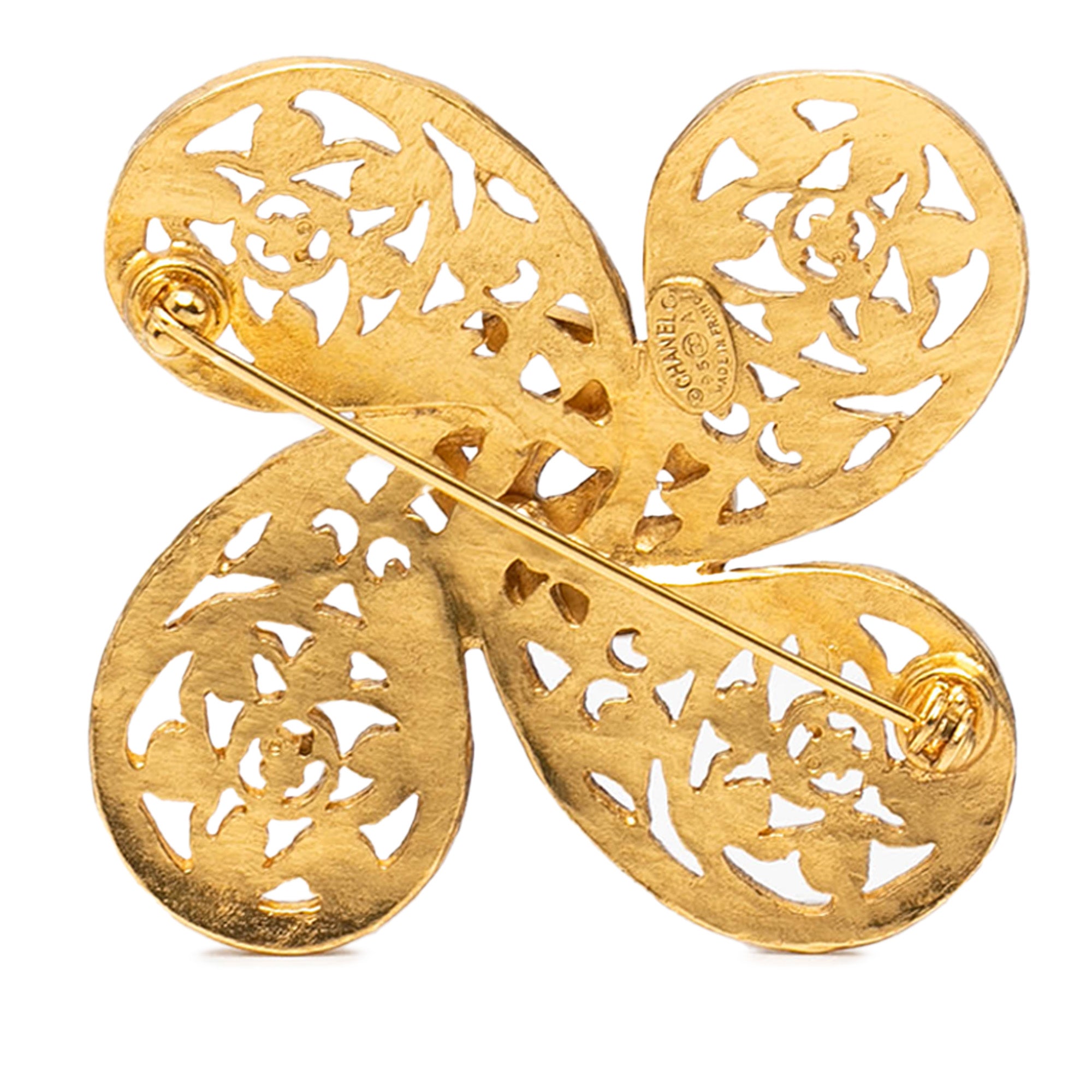 Gold Plated CC Fretwork Clover Brooch - Image 2