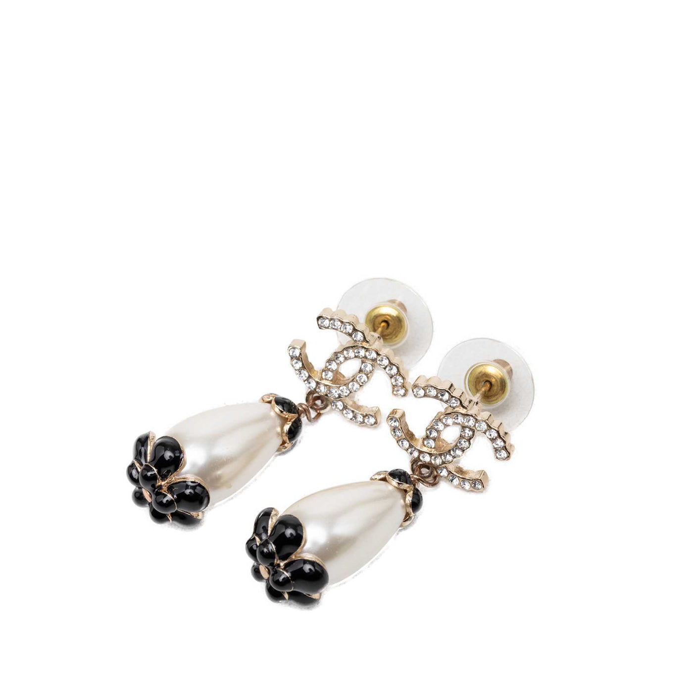CC Gold Plated Strass Scalloped Faux Pearl Enamel Flower Dangling Bullet Back Earrings - Image 1