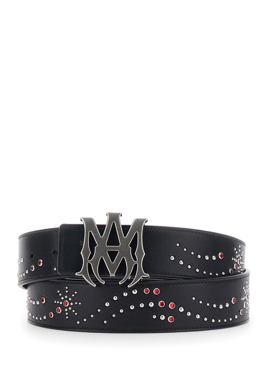 Amiri Logo Buckle Studded Leather Belt — Black Cow