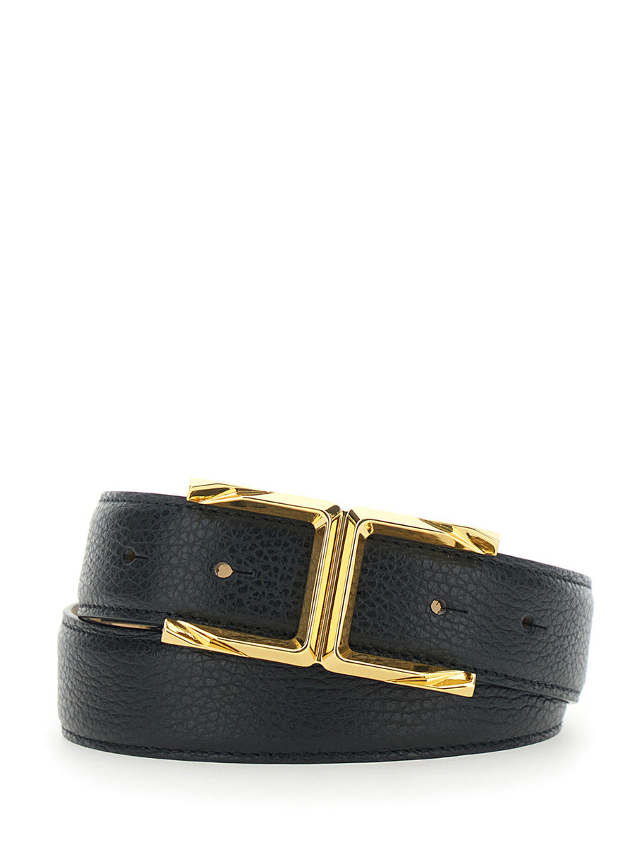 Elisabetta Franchi Sculpted Metal Buckle Leather Belt — Black