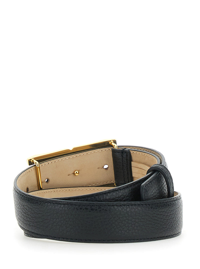 Elisabetta Franchi Sculpted Metal Buckle Leather Belt — Black