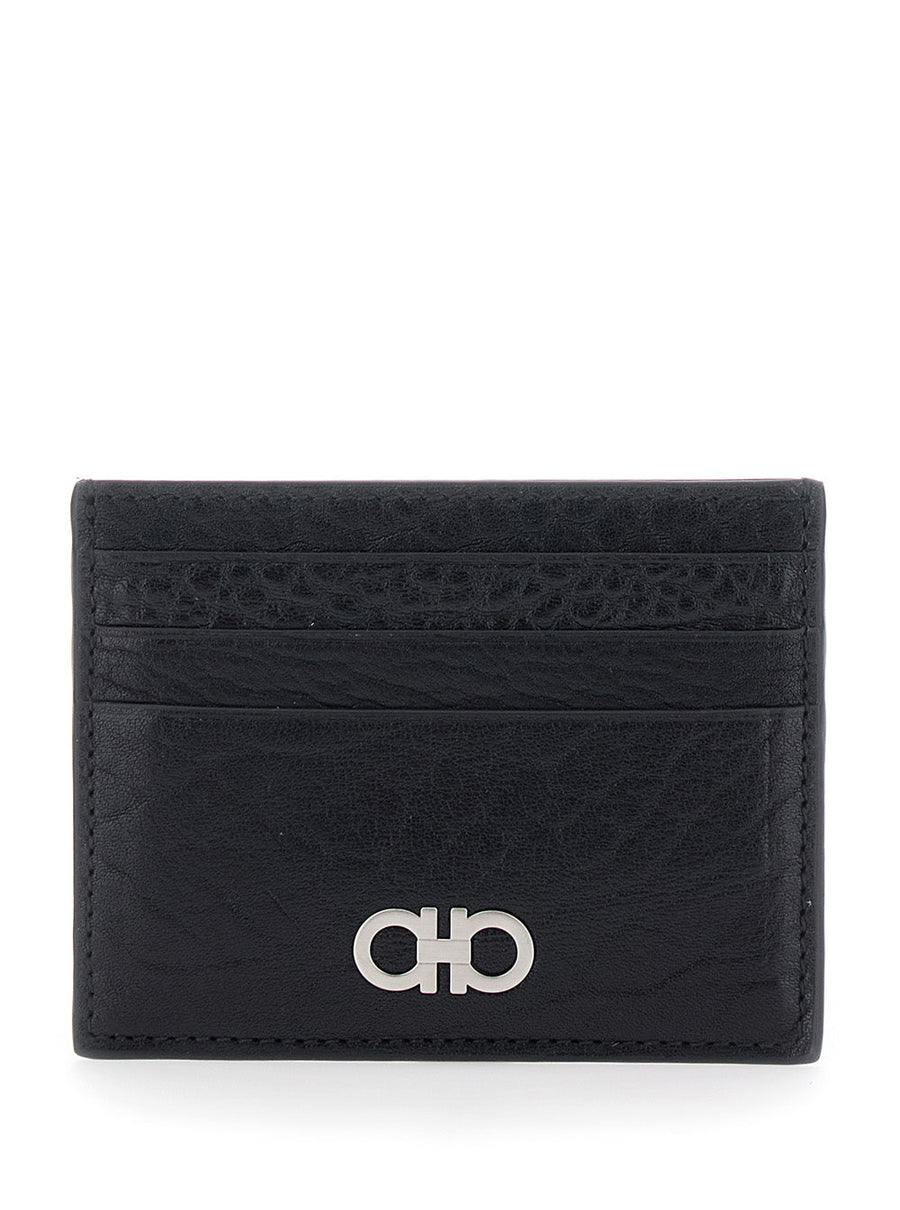 Ferragamo Gancini Plaque Card Case — Black Calfskin Cases