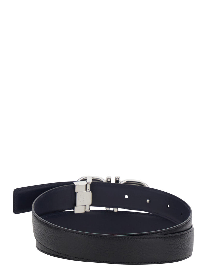Ferragamo Double Gancini Buckle Belt — Blue Leather