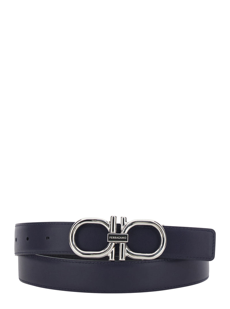 Ferragamo Double Gancini Buckle Belt — Blue Leather