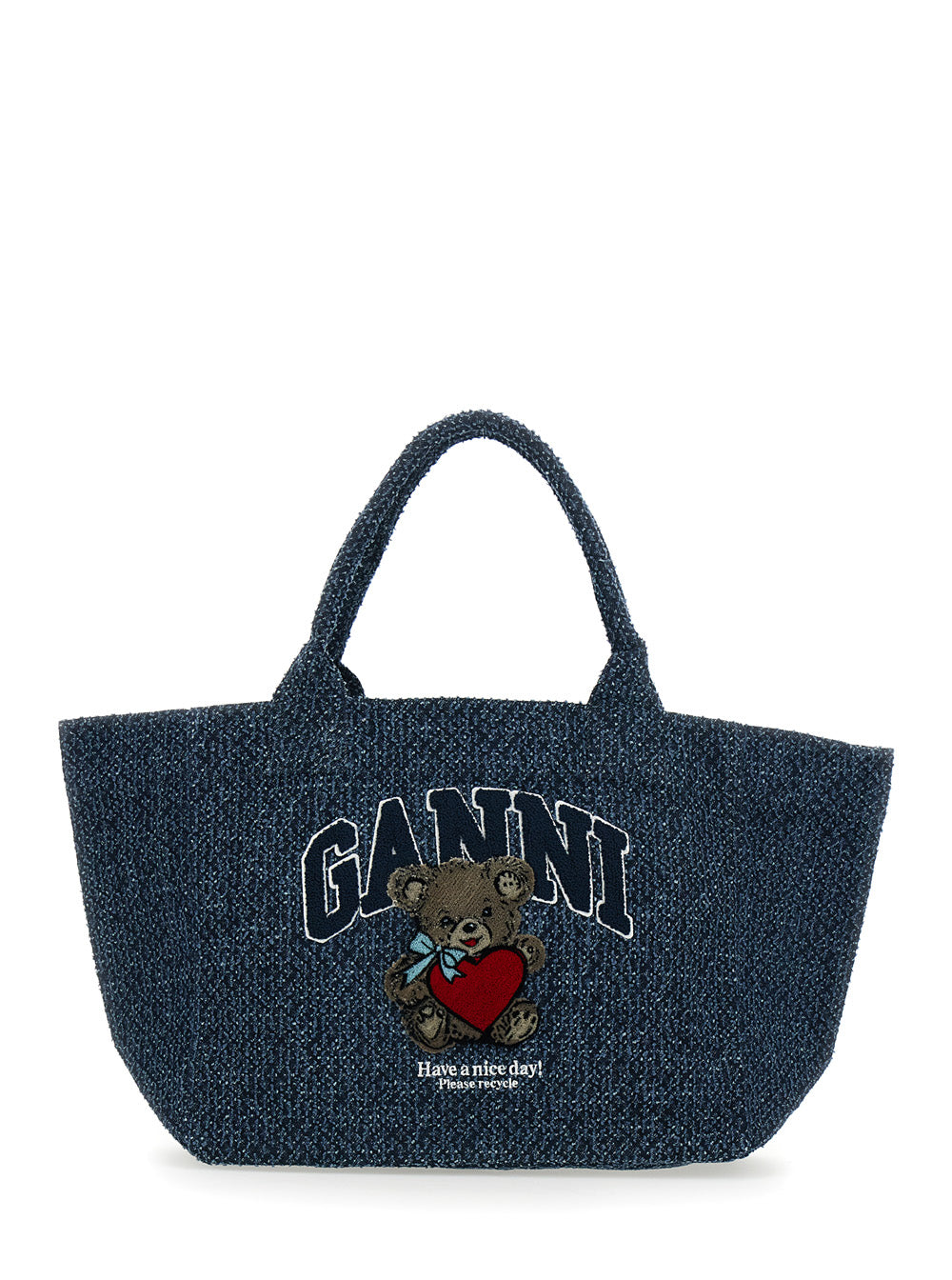 Ganni Teddy Bear Appliqué Tote Bag — Blue Cotton