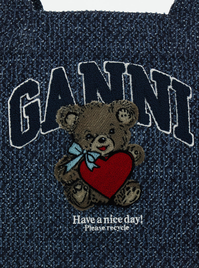 Ganni Teddy Bear Appliqué Tote Bag — Blue Cotton
