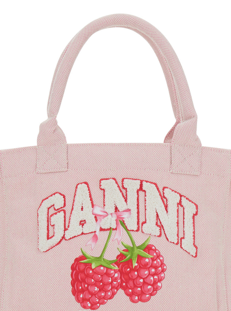 Ganni Embroidered Raspberry-Print Cotton Tote Bag — Pink