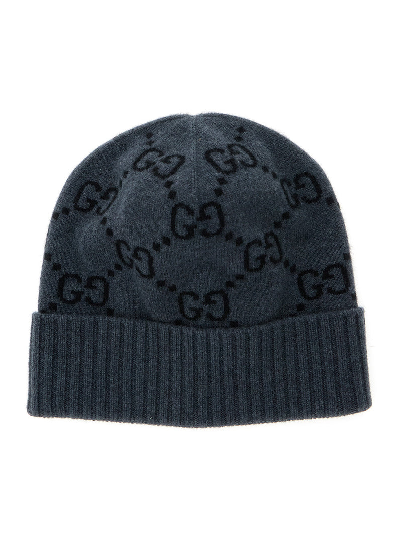 Gucci 811392 Gg Jacquard Cashmere Beanie — Gray Beanies