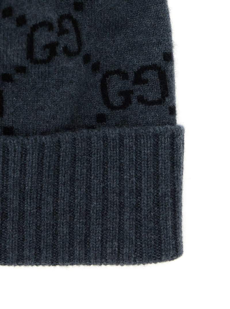 Gucci 811392 Gg Jacquard Cashmere Beanie — Gray Beanies