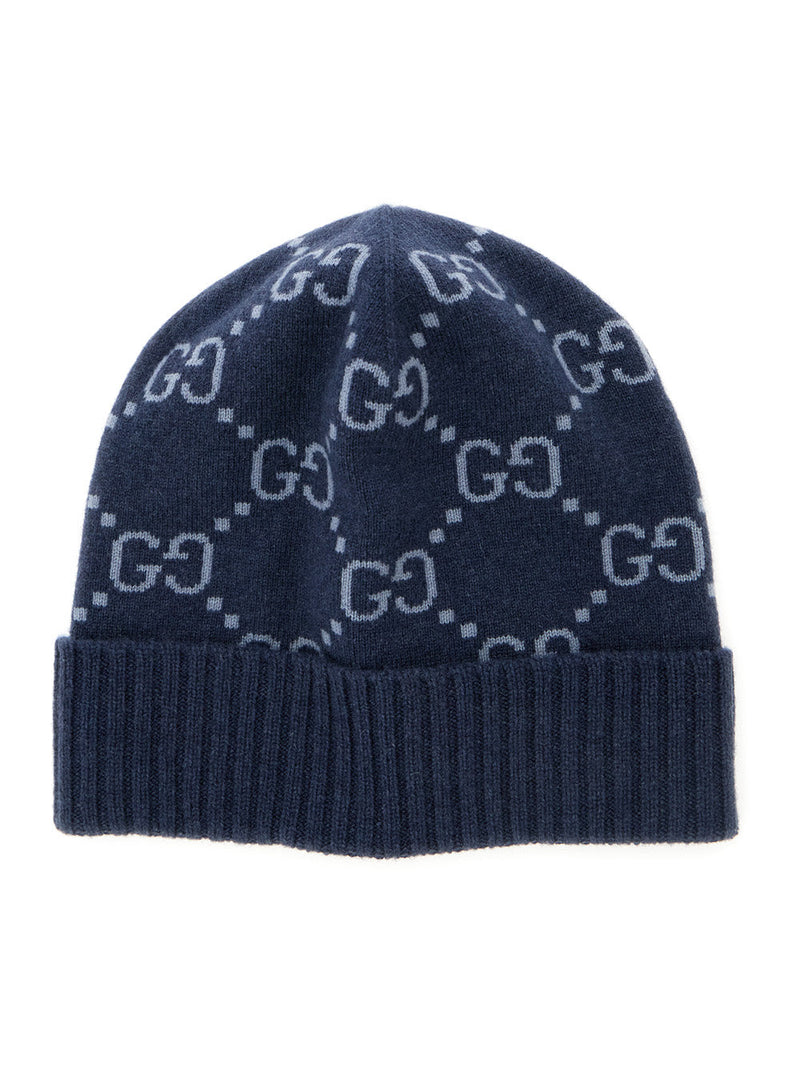 Gucci 811392 Gg All-Over Cashmere Cuff Beanie — Blue Beanies