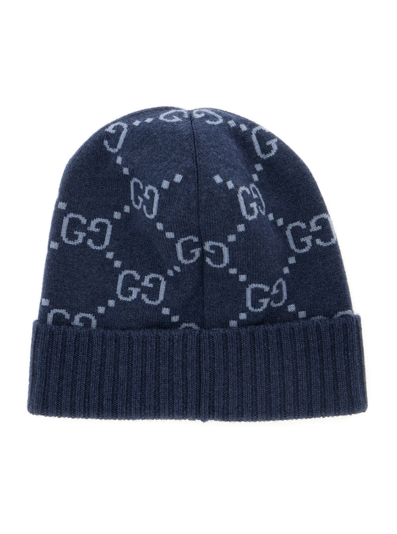 Gucci 811392 Gg All-Over Cashmere Cuff Beanie — Blue Beanies