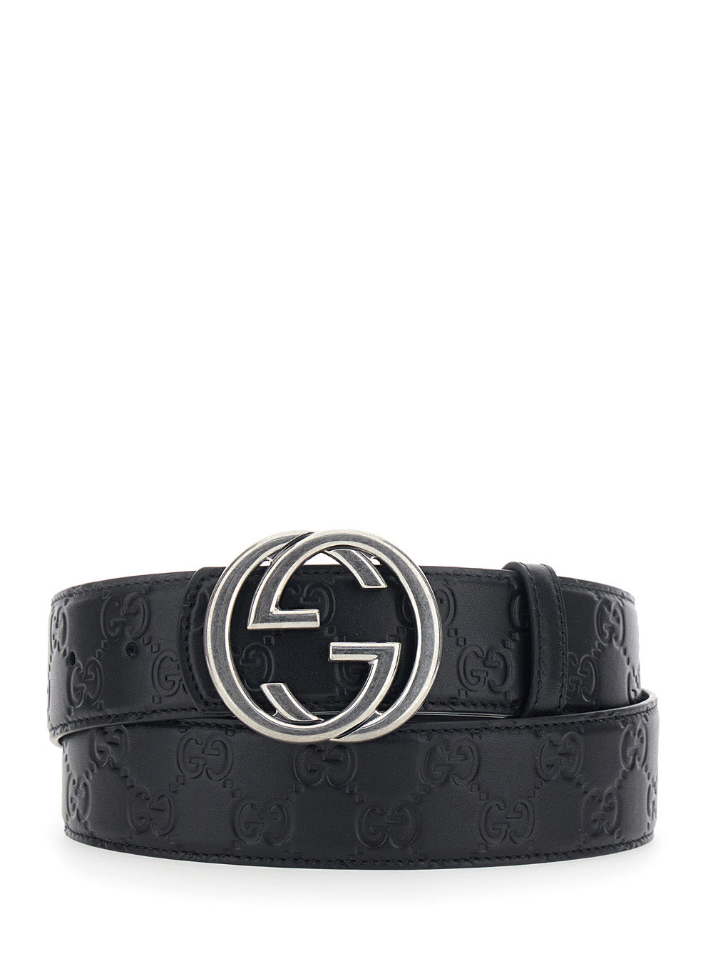 Gucci Gg Buckle Embossed Belt — Black Calfskin