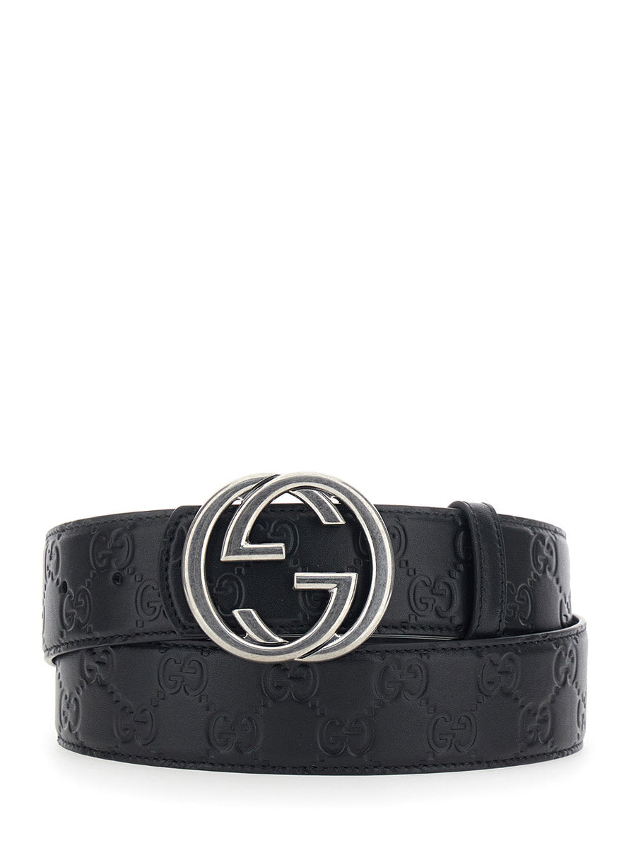 Gucci Gg Buckle Embossed Belt — Black Calfskin