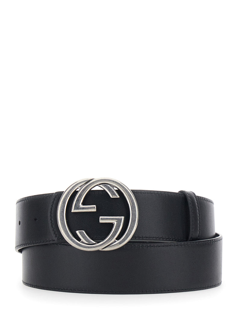 Gucci Gg Buckle Embossed Belt — Black Calfskin