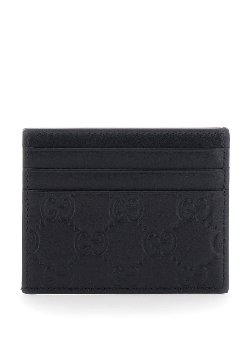 Gucci Embossed Gg Motif Card Case — Black Calf Leather Cases