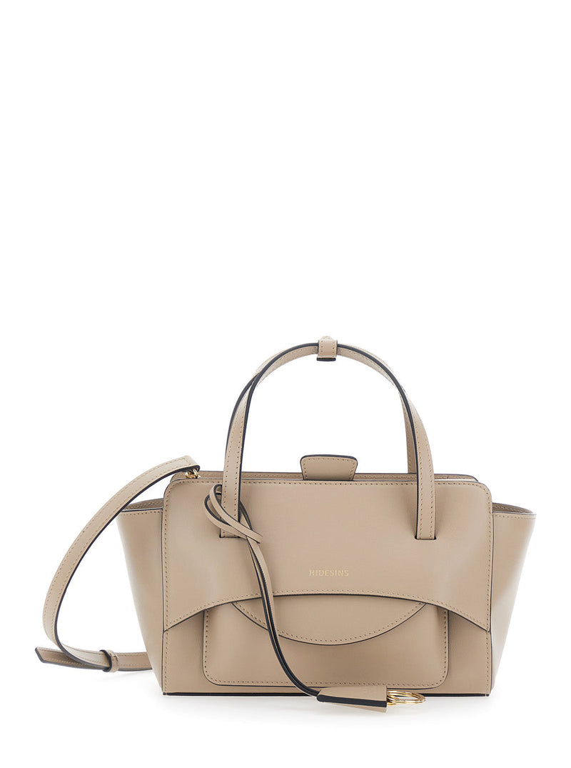 Hidesins Embossed-Logo Calf Leather Top Handle Bag — Beige