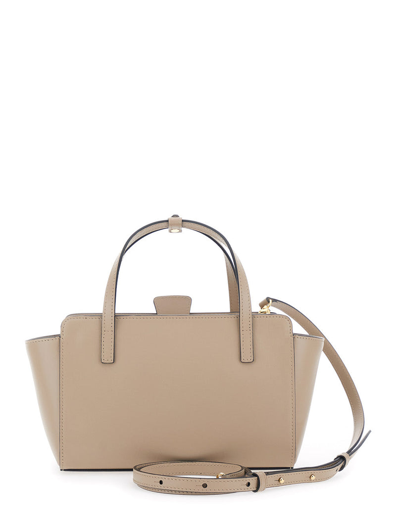 Hidesins Embossed-Logo Calf Leather Top Handle Bag — Beige