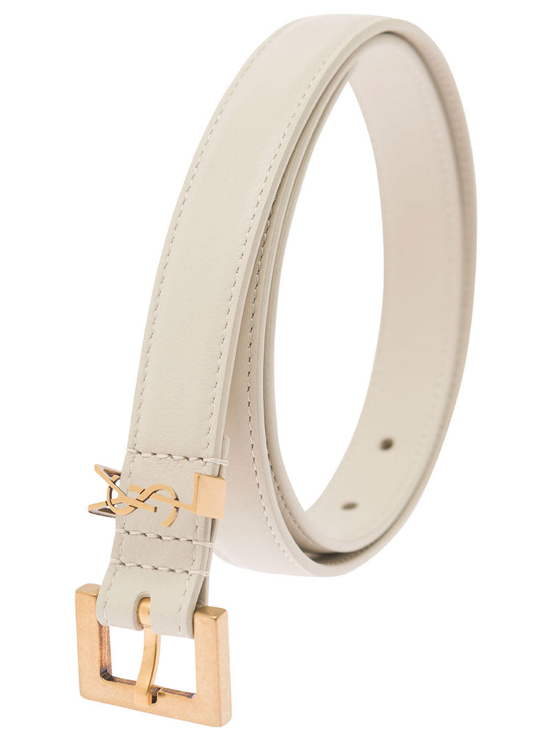 Saint Laurent Calf Leather With Ysl Logo Buckle Belt — White