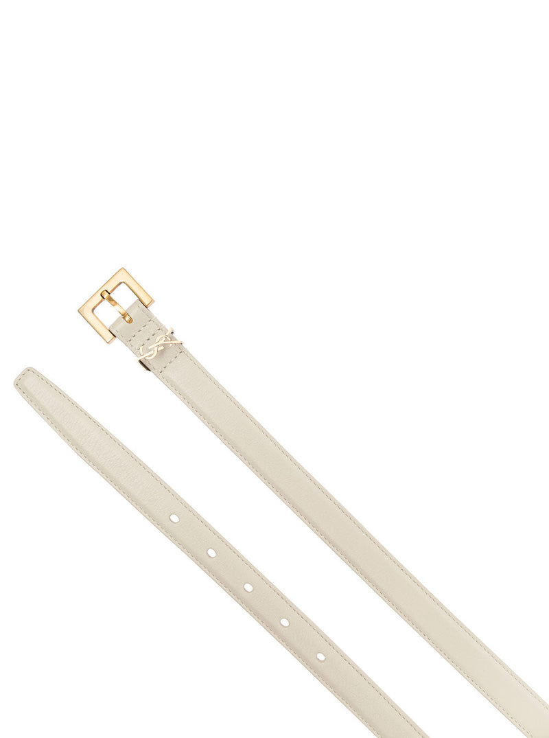 Saint Laurent Calf Leather With Ysl Logo Buckle Belt — White