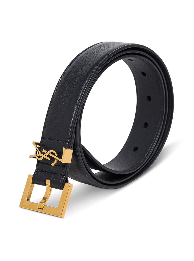 Saint Laurent Logo-Buckle Leather Belt — Black Calf