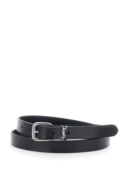 Saint Laurent Cassandre Plate Belt — Black Calf Leather