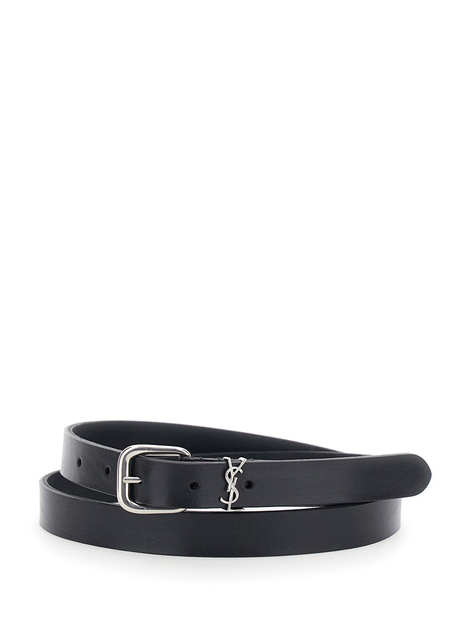 Saint Laurent Cassandre Plate Belt — Black Calf Leather