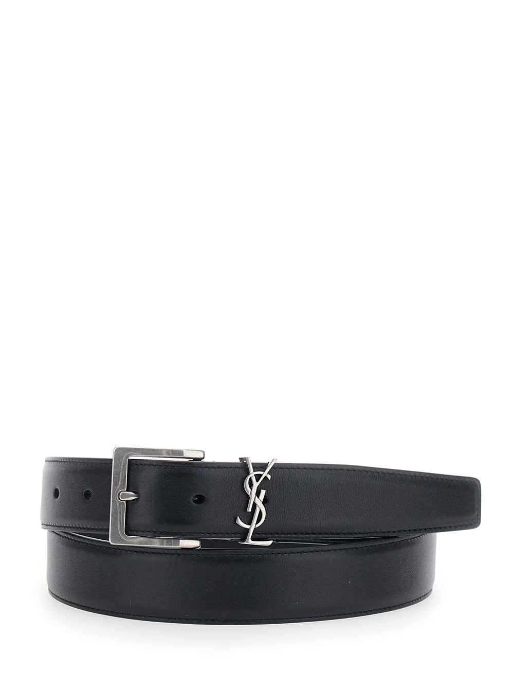 Saint Laurent Cassandre Plate Belt — Black Calfskin Leather