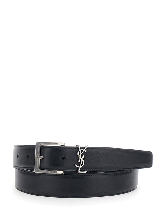 Saint Laurent Cassandre Plate Belt — Black Calfskin Leather