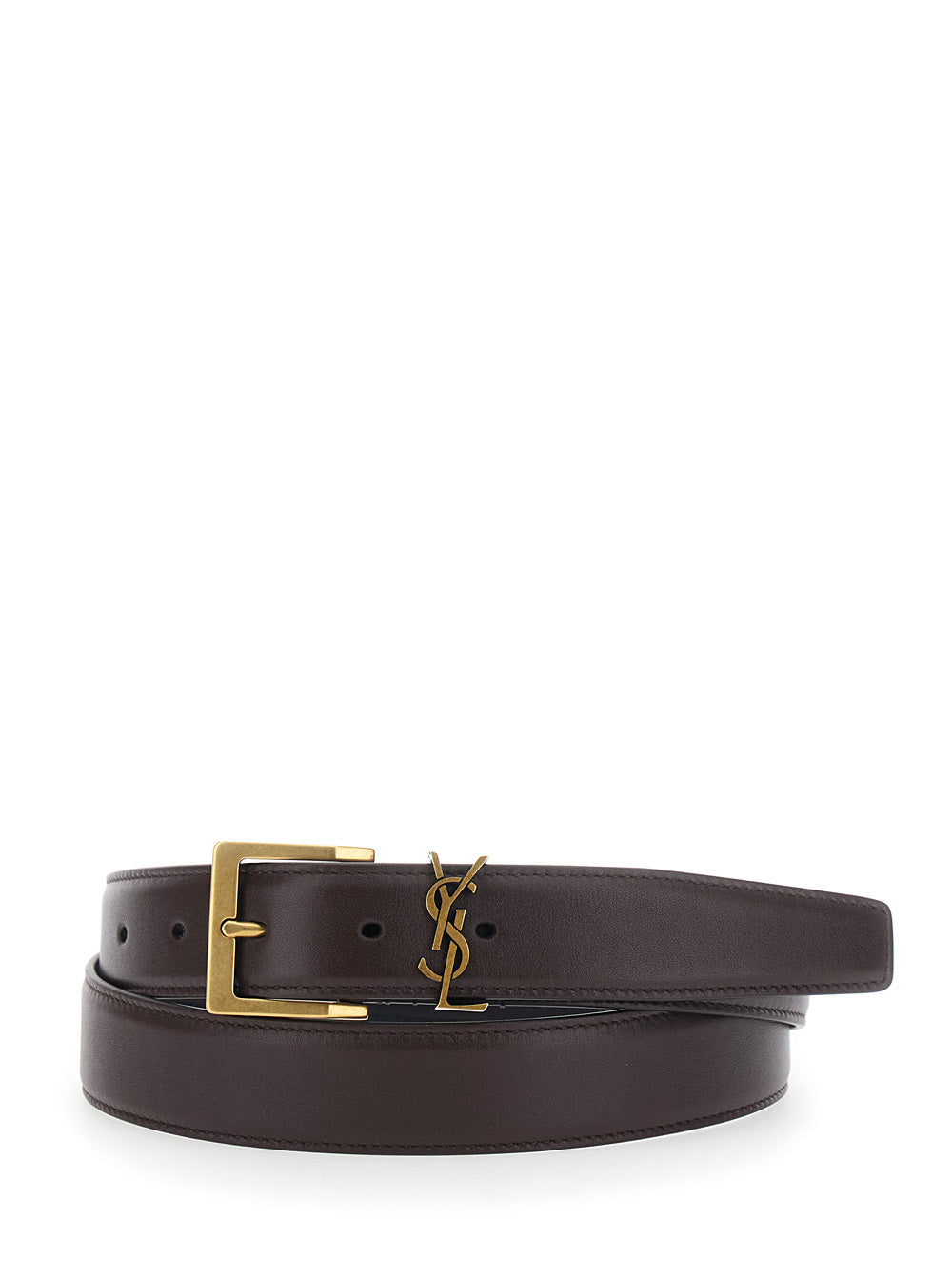 Saint Laurent Cassandre Plate Leather Belt — Brown