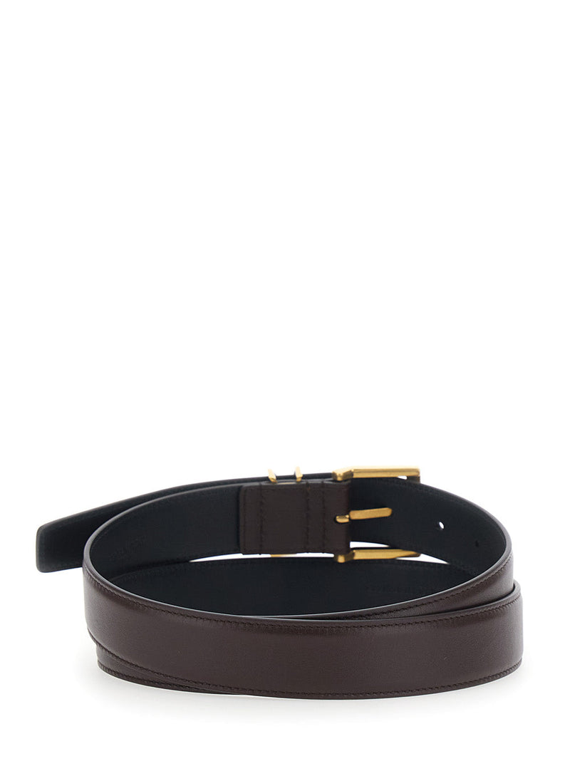 Saint Laurent Cassandre Plate Leather Belt — Brown