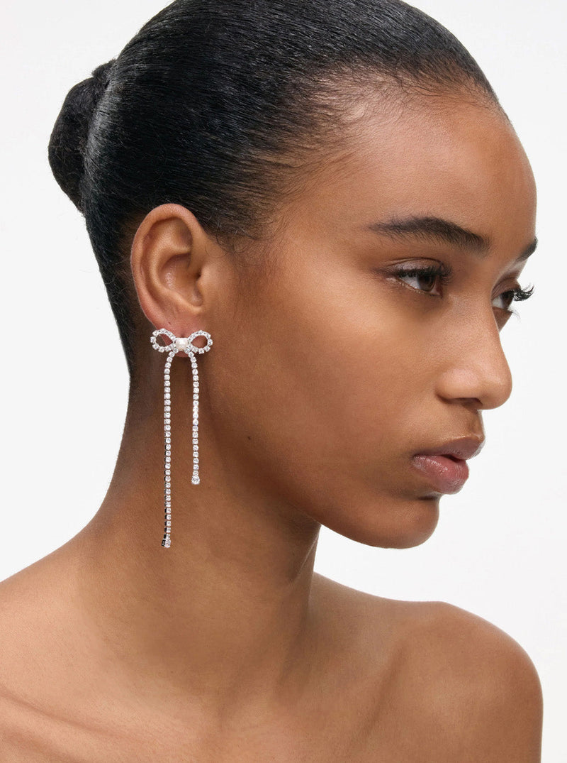 Self-Portrait Crystal Bow Drop Earrings — Silver Copper