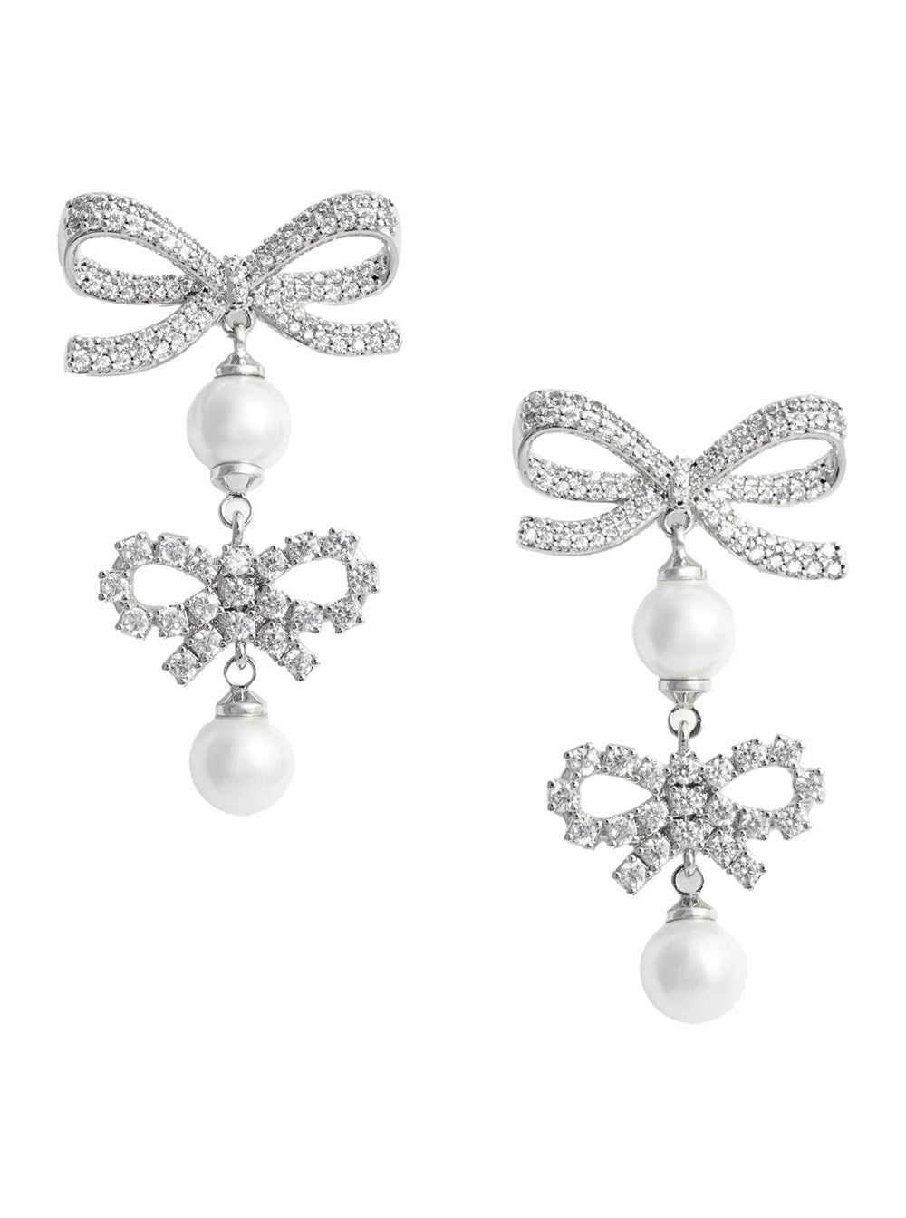Self-Portrait Crystal-Encrusted Double Bow Earrings — Silver Copper
