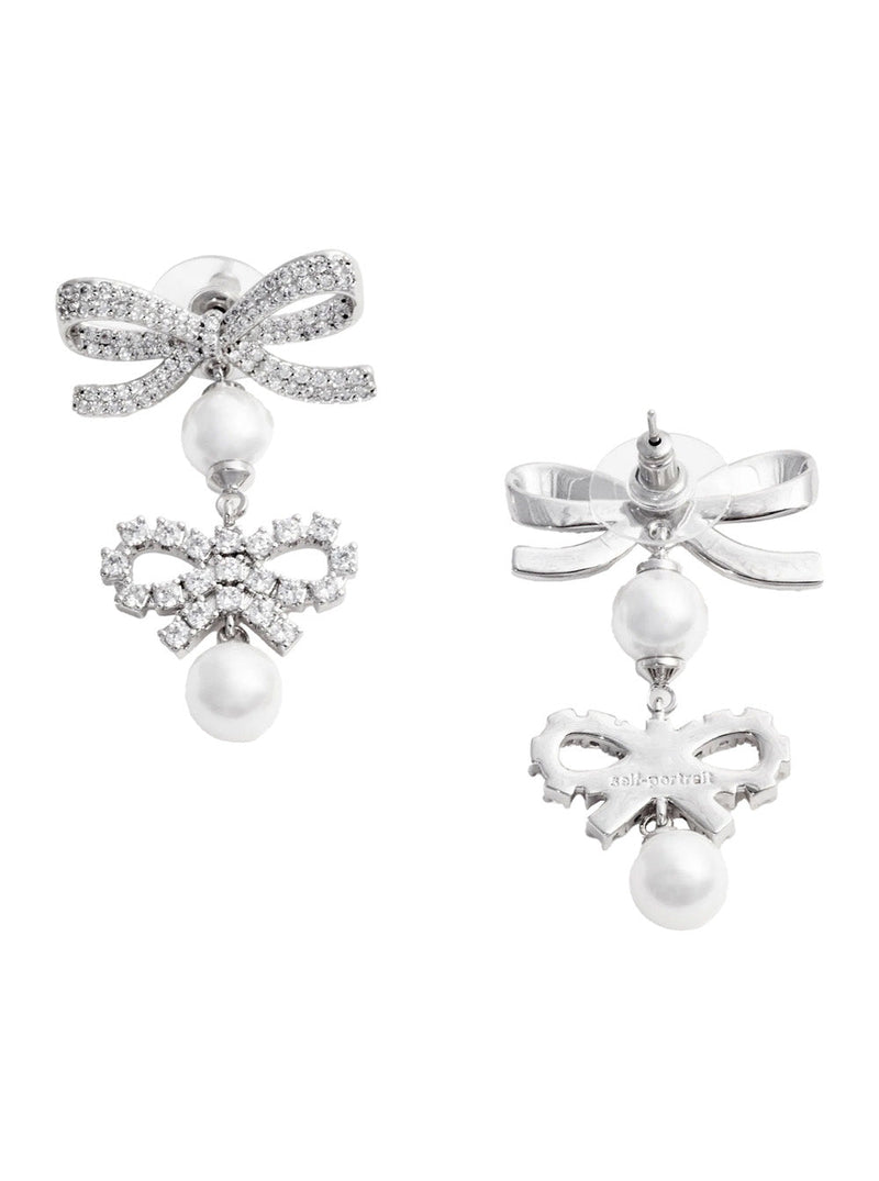 Self-Portrait Crystal-Encrusted Double Bow Earrings — Silver Copper