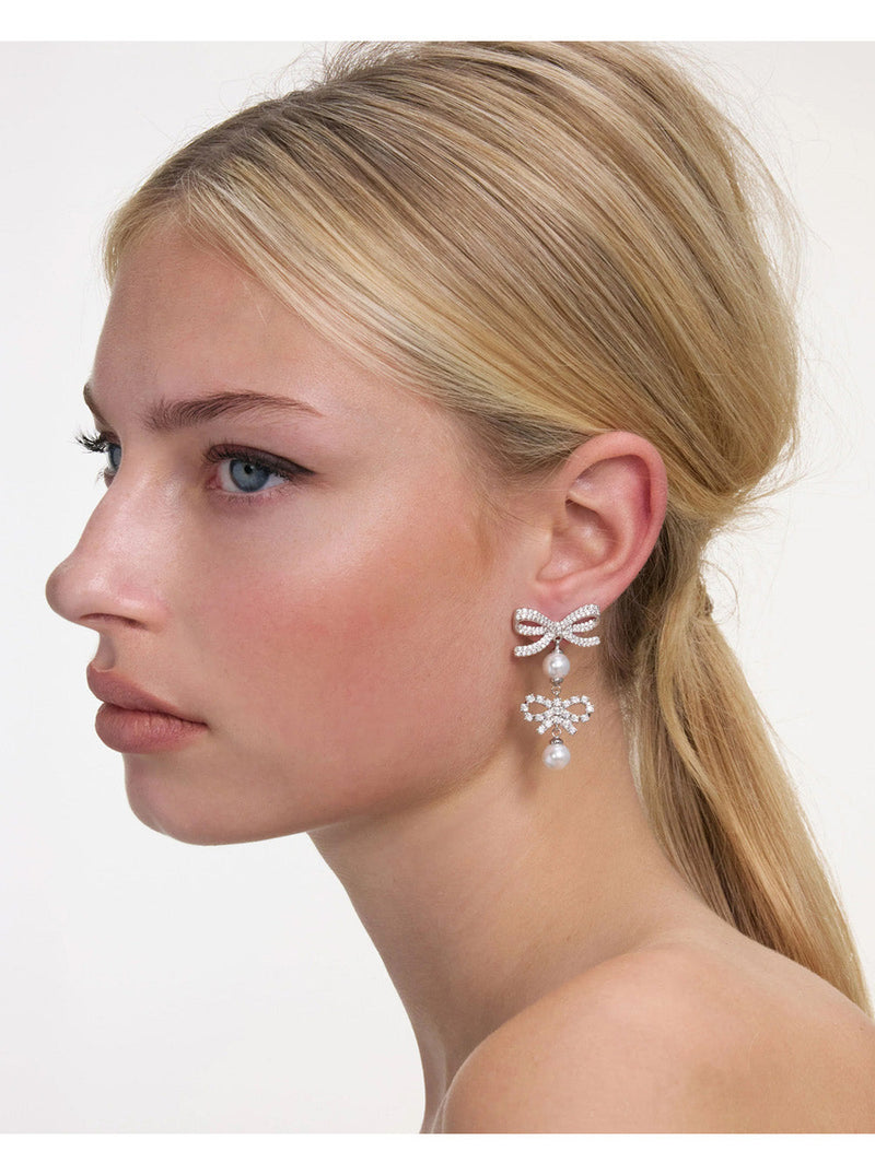 Self-Portrait Crystal-Encrusted Double Bow Earrings — Silver Copper