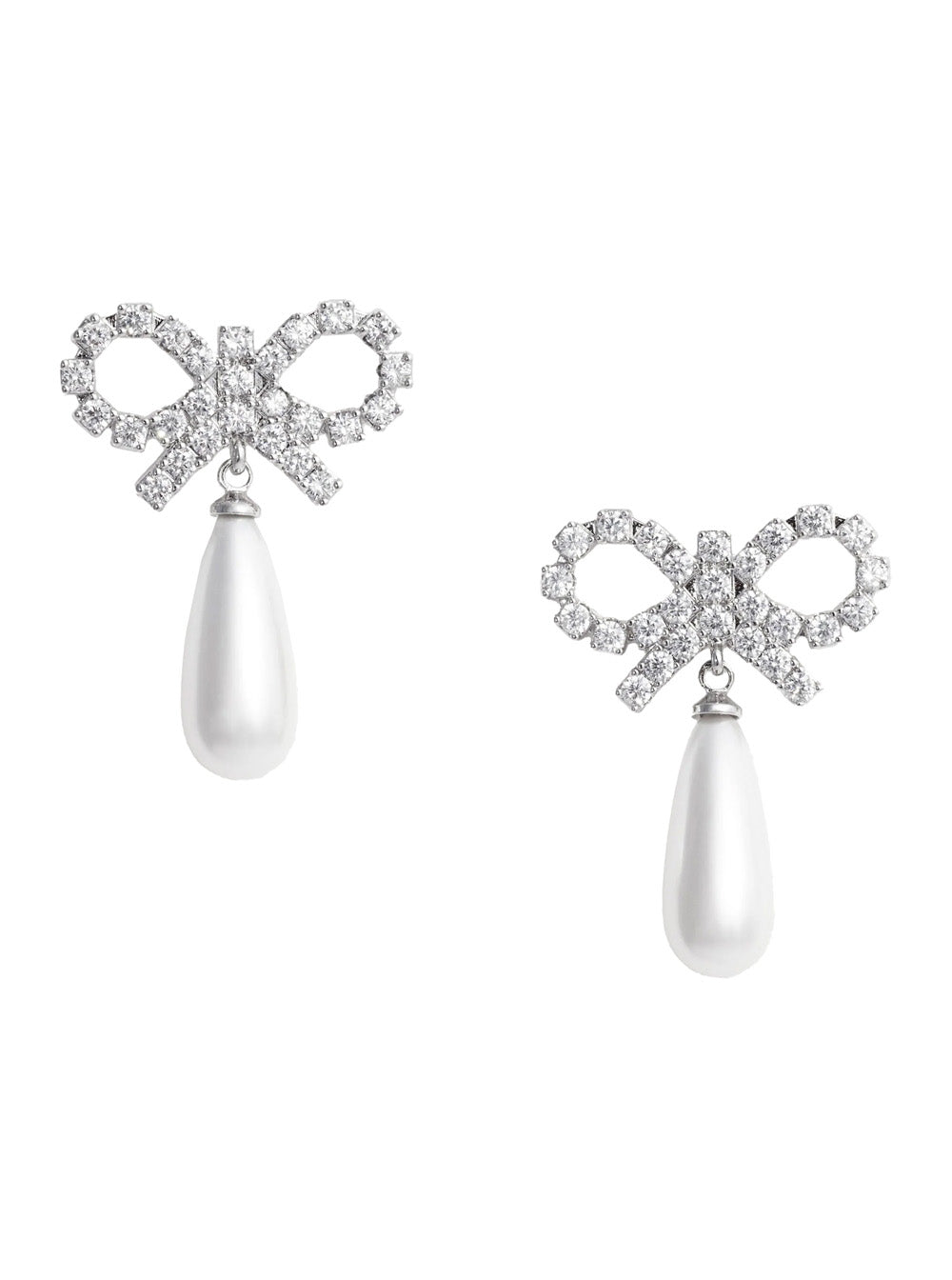 Self-Portrait Crystal Bow With Pearl Drop Earrings — Silver Copper