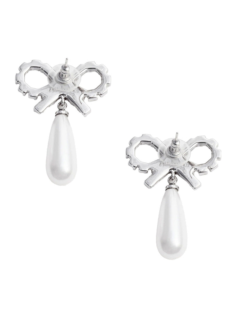 Self-Portrait Crystal Bow With Pearl Drop Earrings — Silver Copper