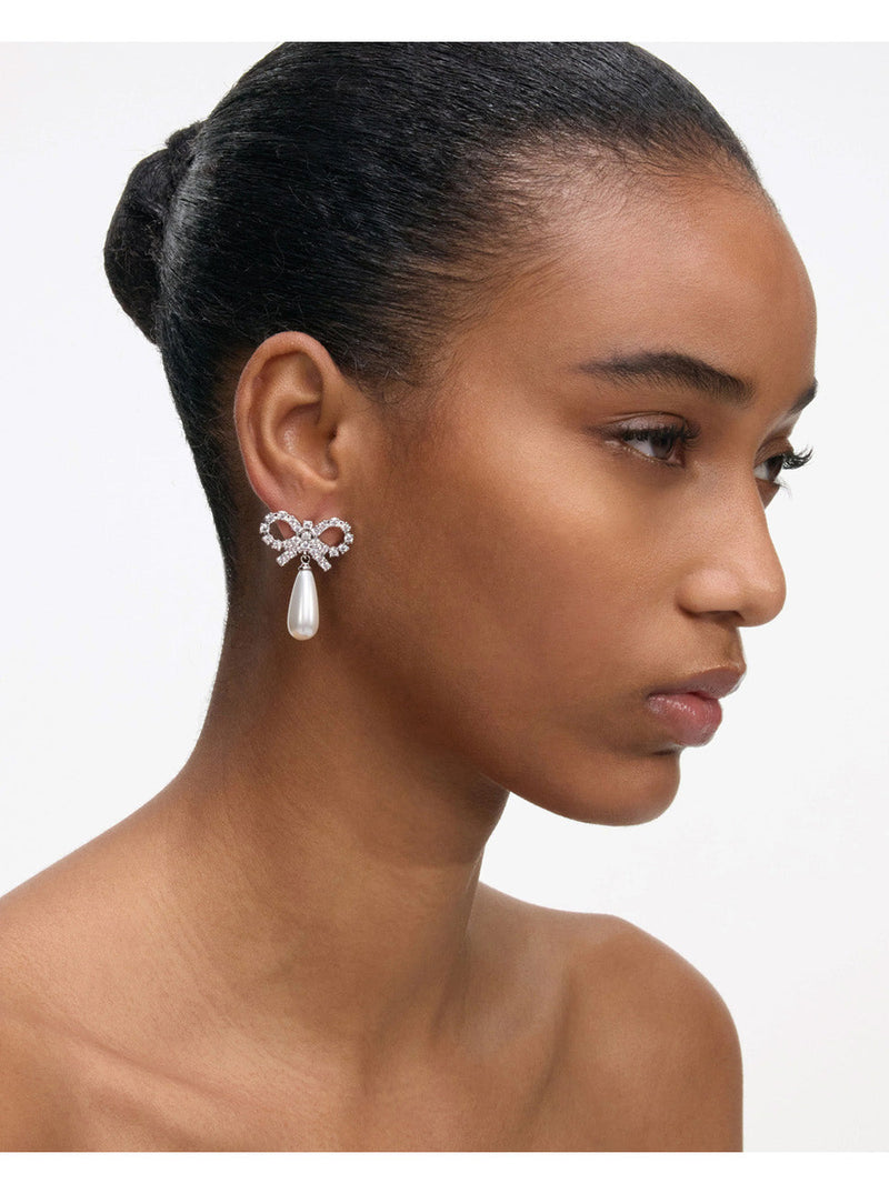 Self-Portrait Crystal Bow With Pearl Drop Earrings — Silver Copper